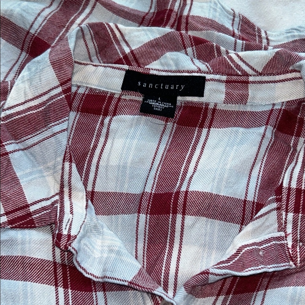 Sanctuary L Red light blue and White Plaid Button-Up rayon casual  Shirt - Picture 3 of 9